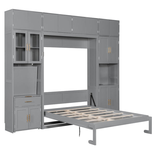 English Elm Full Size Murphy Wall Bed System with Desk Led Shelving Usb Charging and Glass Hutch Gray LT000330AAE