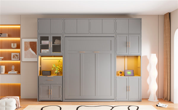 English Elm Full Size Murphy Wall Bed System with Desk Led Shelving Usb Charging and Glass Hutch Gray LT000330AAE