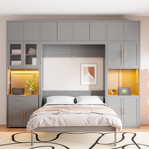 English Elm Full Size Murphy Wall Bed System with Desk Led Shelving Usb Charging and Glass Hutch Gray LT000330AAE