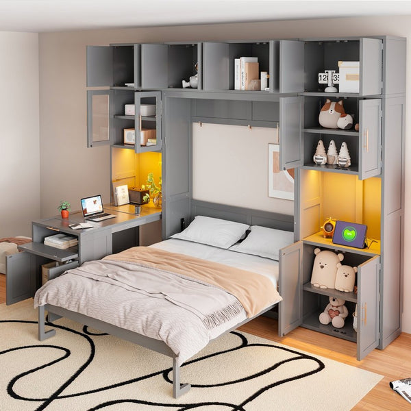 English Elm Full Size Murphy Wall Bed System with Desk Led Shelving Usb Charging and Glass Hutch Gray LT000330AAE