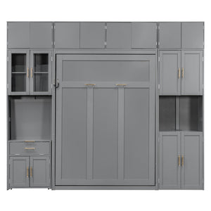 English Elm Full Size Murphy Wall Bed System with Desk Led Shelving Usb Charging and Glass Hutch Gray LT000330AAE