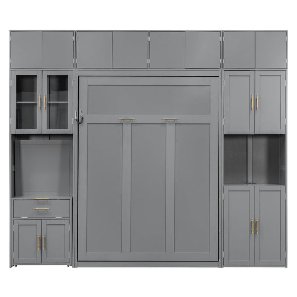 English Elm Full Size Murphy Wall Bed System with Desk Led Shelving Usb Charging and Glass Hutch Gray LT000330AAE