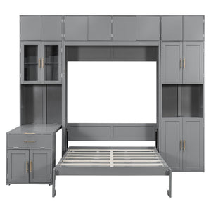 English Elm Full Size Murphy Wall Bed System with Desk Led Shelving Usb Charging and Glass Hutch Gray LT000330AAE
