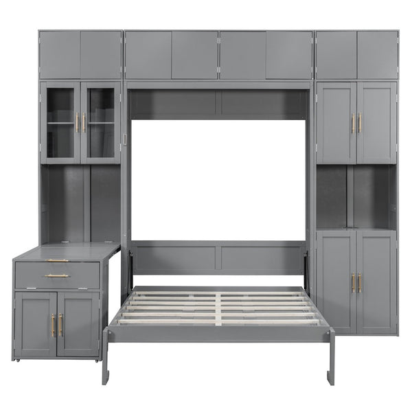 English Elm Full Size Murphy Wall Bed System with Desk Led Shelving Usb Charging and Glass Hutch Gray LT000330AAE