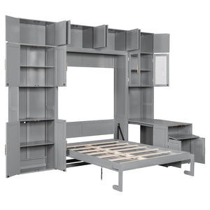 English Elm Full Size Murphy Wall Bed System with Desk Led Shelving Usb Charging and Glass Hutch Gray LT000330AAE