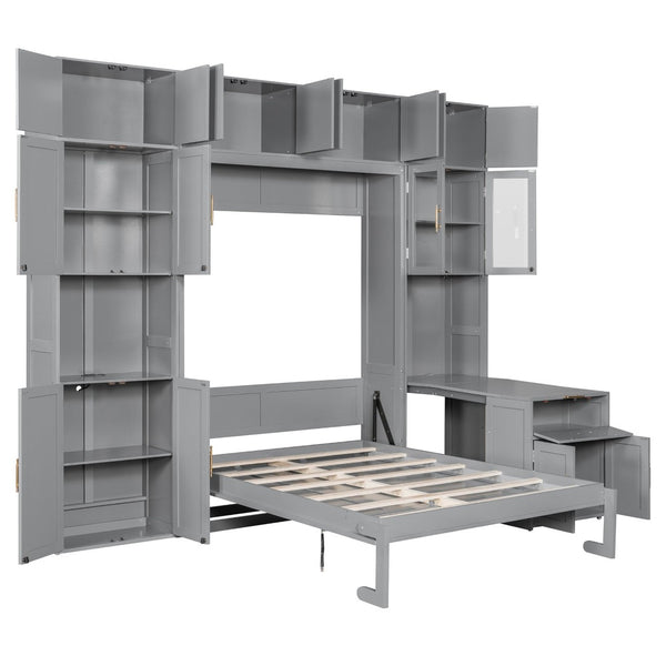 English Elm Full Size Murphy Wall Bed System with Desk Led Shelving Usb Charging and Glass Hutch Gray LT000330AAE