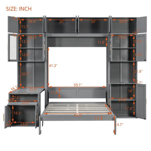 English Elm Full Size Murphy Wall Bed System with Desk Led Shelving Usb Charging and Glass Hutch Gray LT000330AAE