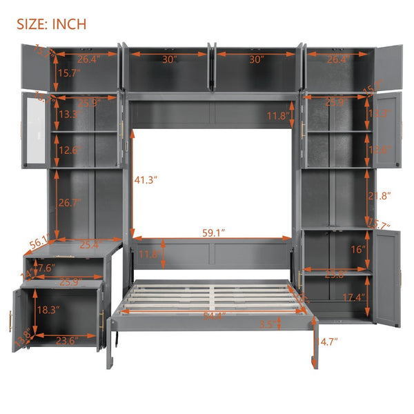 English Elm Full Size Murphy Wall Bed System with Desk Led Shelving Usb Charging and Glass Hutch Gray LT000330AAE