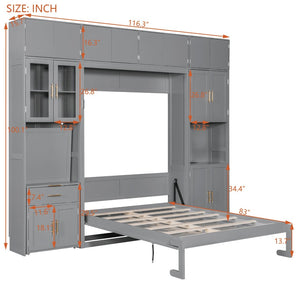 English Elm Full Size Murphy Wall Bed System with Desk Led Shelving Usb Charging and Glass Hutch Gray LT000330AAE