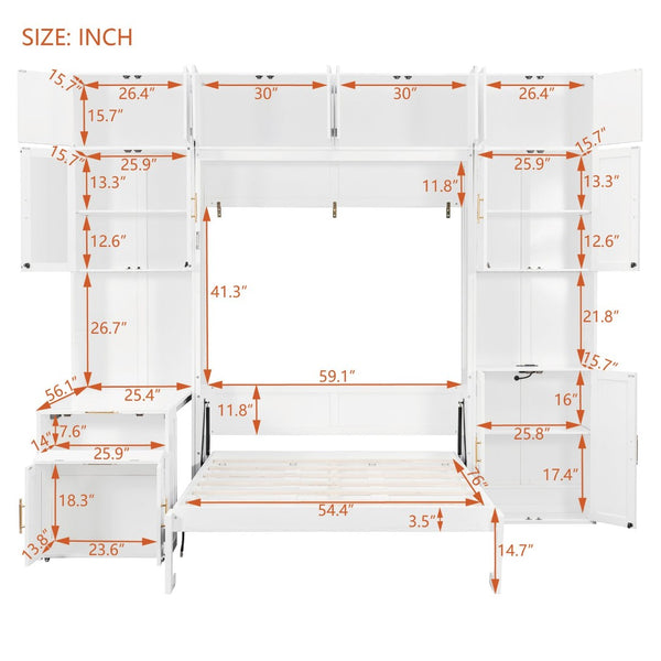 English Elm Full Size Murphy Wall Bed System with Desk Led Shelving Usb Charging and Glass Hutch White LT000330AAK