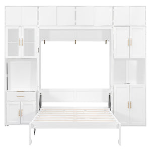 English Elm Full Size Murphy Wall Bed System with Desk Led Shelving Usb Charging and Glass Hutch White LT000330AAK