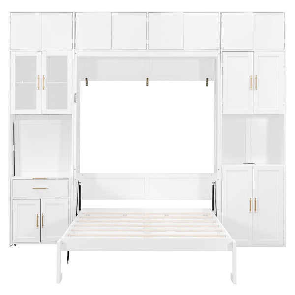 English Elm Full Size Murphy Wall Bed System with Desk Led Shelving Usb Charging and Glass Hutch White LT000330AAK
