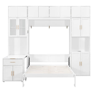 English Elm Full Size Murphy Wall Bed System with Desk Led Shelving Usb Charging and Glass Hutch White LT000330AAK