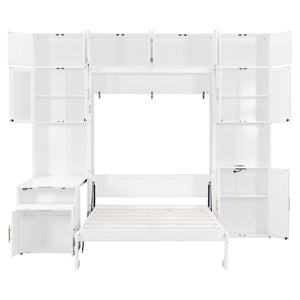 English Elm Full Size Murphy Wall Bed System with Desk Led Shelving Usb Charging and Glass Hutch White LT000330AAK