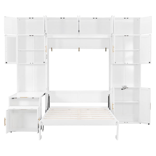English Elm Full Size Murphy Wall Bed System with Desk Led Shelving Usb Charging and Glass Hutch White LT000330AAK