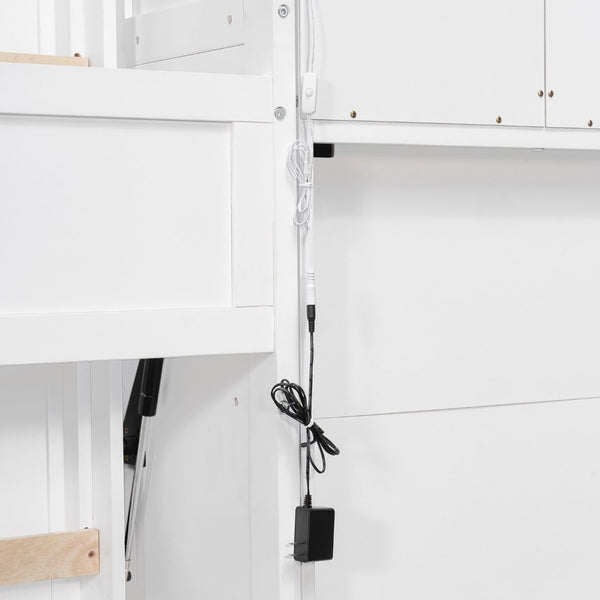 English Elm Full Size Murphy Wall Bed System with Desk Led Shelving Usb Charging and Glass Hutch White LT000330AAK