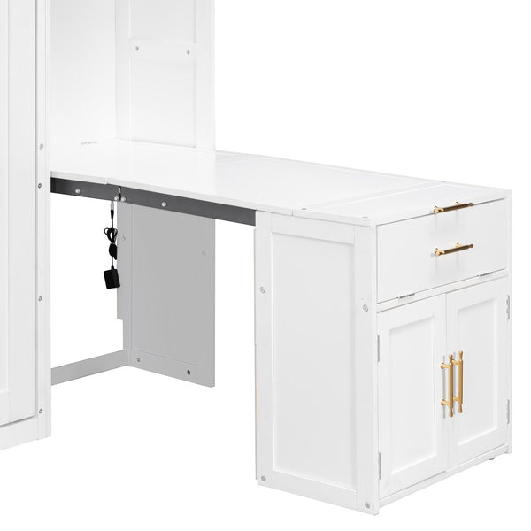 English Elm Full Size Murphy Wall Bed System with Desk Led Shelving Usb Charging and Glass Hutch White LT000330AAK