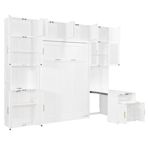 English Elm Full Size Murphy Wall Bed System with Desk Led Shelving Usb Charging and Glass Hutch White LT000330AAK