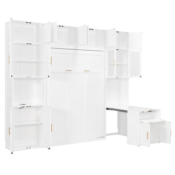 English Elm Full Size Murphy Wall Bed System with Desk Led Shelving Usb Charging and Glass Hutch White LT000330AAK