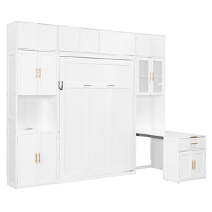 English Elm Full Size Murphy Wall Bed System with Desk Led Shelving Usb Charging and Glass Hutch White LT000330AAK