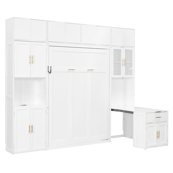 English Elm Full Size Murphy Wall Bed System with Desk Led Shelving Usb Charging and Glass Hutch White LT000330AAK