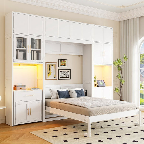 English Elm Full Size Murphy Wall Bed System with Desk Led Shelving Usb Charging and Glass Hutch White LT000330AAK