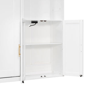 English Elm Full Size Murphy Wall Bed System with Desk Led Shelving Usb Charging and Glass Hutch White LT000330AAK