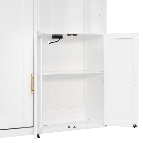 English Elm Full Size Murphy Wall Bed System with Desk Led Shelving Usb Charging and Glass Hutch White LT000330AAK