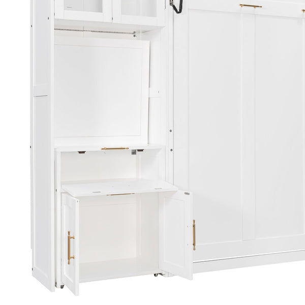 English Elm Full Size Murphy Wall Bed System with Desk Led Shelving Usb Charging and Glass Hutch White LT000330AAK