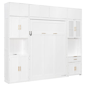 English Elm Full Size Murphy Wall Bed System with Desk Led Shelving Usb Charging and Glass Hutch White LT000330AAK