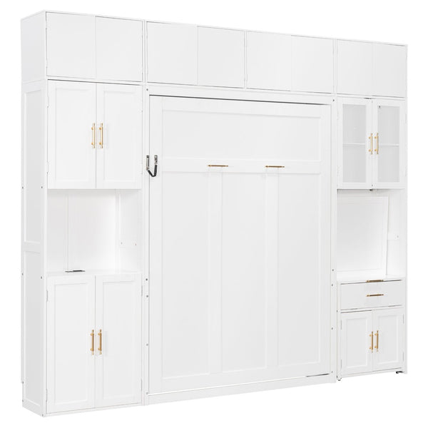 English Elm Full Size Murphy Wall Bed System with Desk Led Shelving Usb Charging and Glass Hutch White LT000330AAK