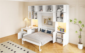 English Elm Full Size Murphy Wall Bed System with Desk Led Shelving Usb Charging and Glass Hutch White LT000330AAK