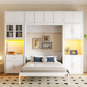 English Elm Full Size Murphy Wall Bed System with Desk Led Shelving Usb Charging and Glass Hutch White LT000330AAK