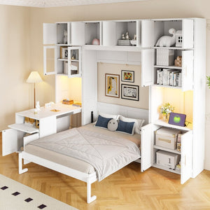 English Elm Full Size Murphy Wall Bed System with Desk Led Shelving Usb Charging and Glass Hutch White LT000330AAK