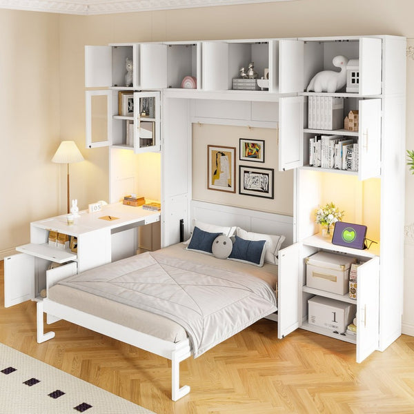 English Elm Full Size Murphy Wall Bed System with Desk Led Shelving Usb Charging and Glass Hutch White LT000330AAK