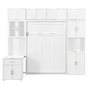 English Elm Full Size Murphy Wall Bed System with Desk Led Shelving Usb Charging and Glass Hutch White LT000330AAK
