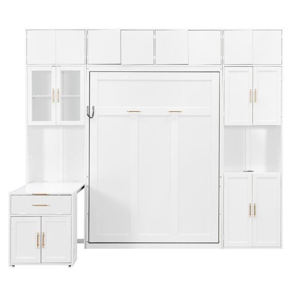 English Elm Full Size Murphy Wall Bed System with Desk Led Shelving Usb Charging and Glass Hutch White LT000330AAK