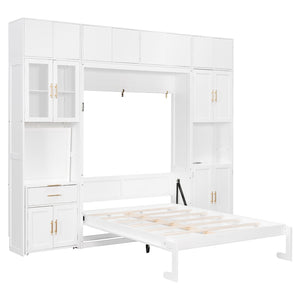 English Elm Full Size Murphy Wall Bed System with Desk Led Shelving Usb Charging and Glass Hutch White LT000330AAK