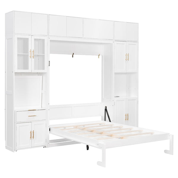 English Elm Full Size Murphy Wall Bed System with Desk Led Shelving Usb Charging and Glass Hutch White LT000330AAK