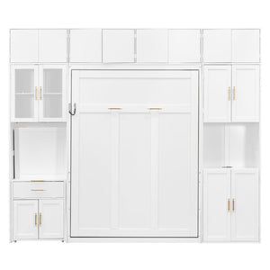 English Elm Full Size Murphy Wall Bed System with Desk Led Shelving Usb Charging and Glass Hutch White LT000330AAK