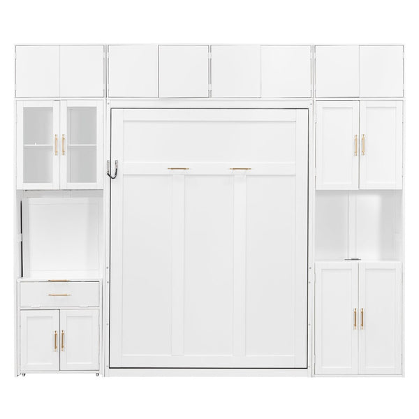 English Elm Full Size Murphy Wall Bed System with Desk Led Shelving Usb Charging and Glass Hutch White LT000330AAK