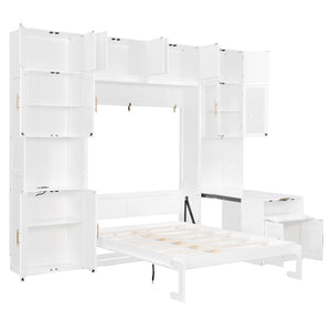 English Elm Full Size Murphy Wall Bed System with Desk Led Shelving Usb Charging and Glass Hutch White LT000330AAK
