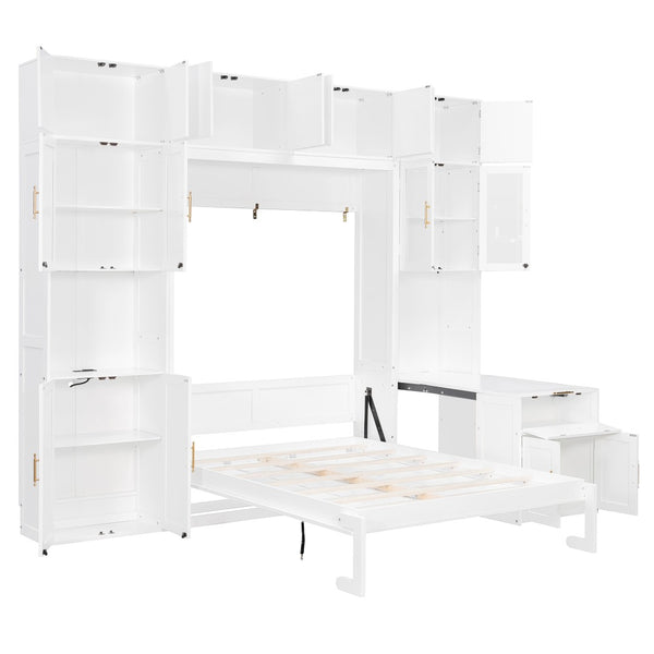 English Elm Full Size Murphy Wall Bed System with Desk Led Shelving Usb Charging and Glass Hutch White LT000330AAK