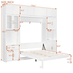 English Elm Full Size Murphy Wall Bed System with Desk Led Shelving Usb Charging and Glass Hutch White LT000330AAK