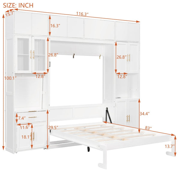 English Elm Full Size Murphy Wall Bed System with Desk Led Shelving Usb Charging and Glass Hutch White LT000330AAK