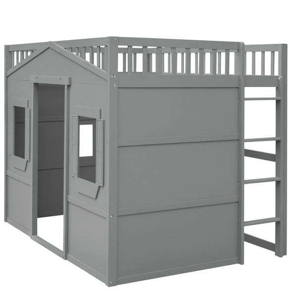 English Elm Full Size Loft Bed Solid Pine Frame with Guard Rails and Slanted Ladder for Kids Gray LT000337AAE-1