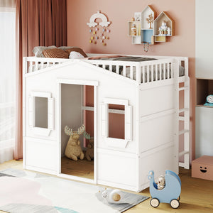 English Elm Full Size Loft Bed Solid Pine Frame with Guard Rails and Slanted Ladder for Kids White LT000337AAK-1