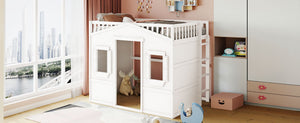 English Elm Full Size Loft Bed Solid Pine Frame with Guard Rails and Slanted Ladder for Kids White LT000337AAK-1