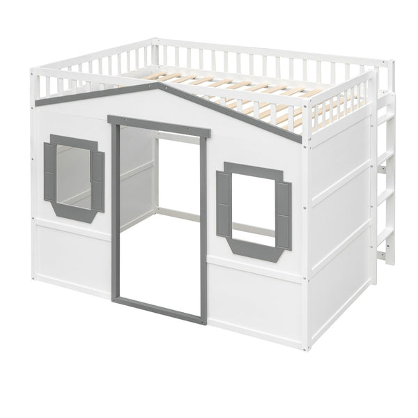 English Elm Full Size Loft Bed Solid Pine Frame with Guard Rails and Slanted Ladder for Kids White+Gray Frame LT000337AAM-1