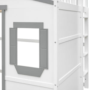 English Elm Full Size Loft Bed Solid Pine Frame with Guard Rails and Slanted Ladder for Kids White+Gray Frame LT000337AAM-1